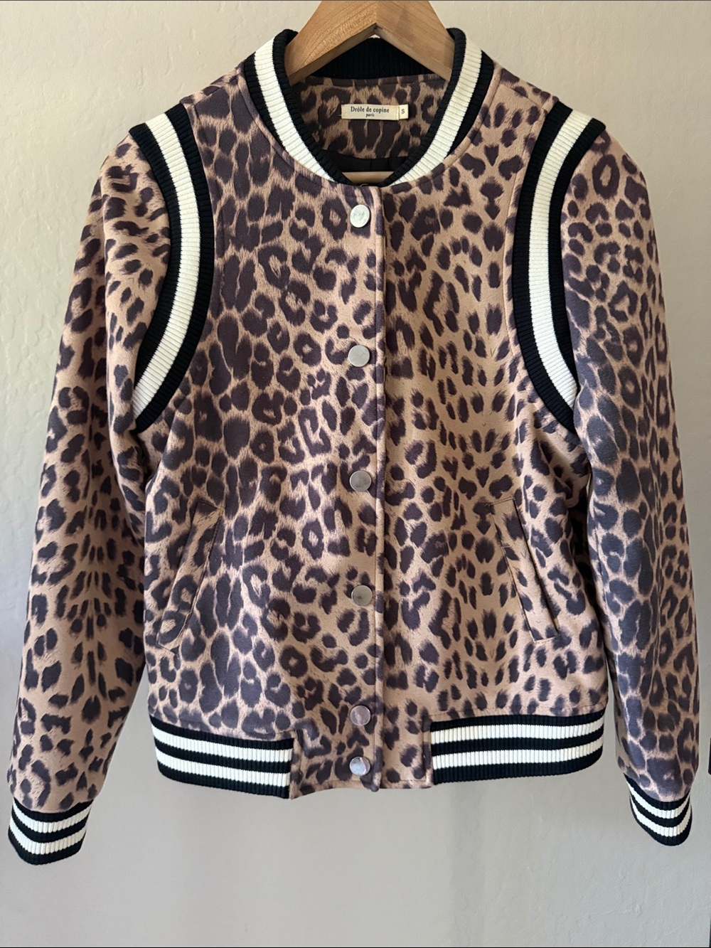 🇫🇷Prole de copine Paris brand Leopard Print Varsity Bomber Trendy Edgy Jacket S - Picture 1 of 4